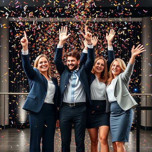Fotografia de uma equipe celebrando um sucesso em um evento corporativo com confetes