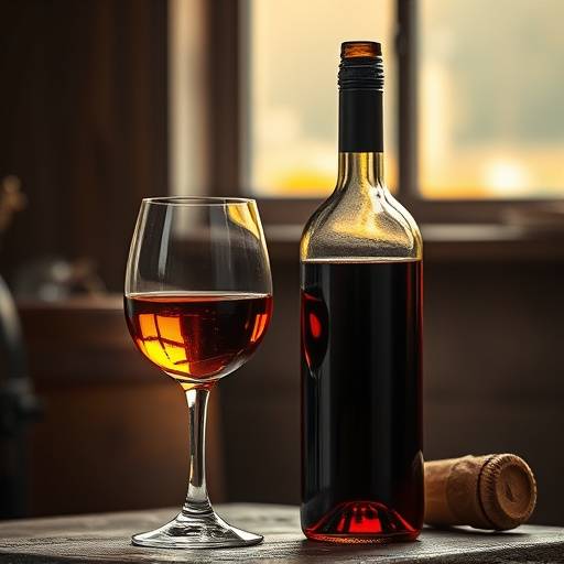 Fotografia de uma garrafa de vinho com uma taça cheia, em um ambiente rústico
