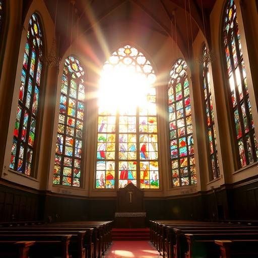 Fotografia do interior de uma igreja com vitrais coloridos e luz natural